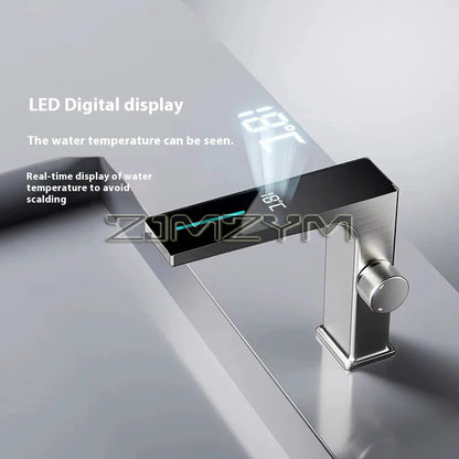 Temperatura display digital torneira da bacia do banheiro inteligente led deck montado lavatório misturador de água quente e fria pia