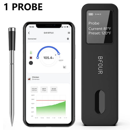 Termômetro de carne sem fio Bluetooth IP67 Sondas à prova d'água com impulsionador de tela LCD recarregável para grelhar, fumante, forno para churrasco