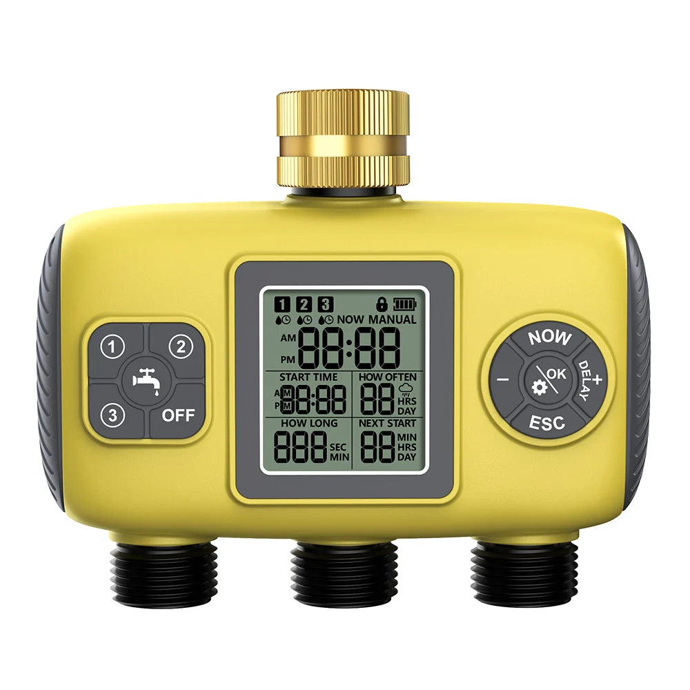 Sistema de rega automática de 1/2/3 saídas com controle de temporização, temporizador de água automático, usado ao ar livre para economizar água e tempo