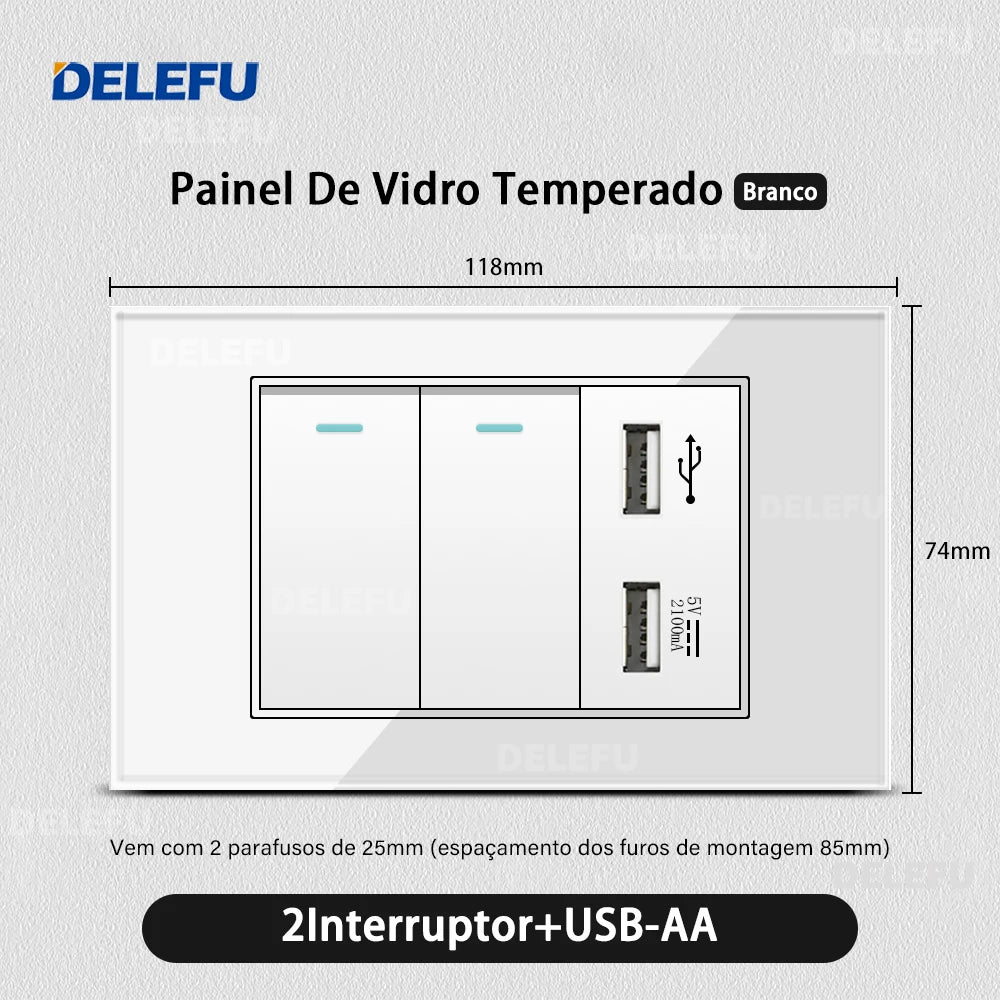 DELEFU 4*2 Vidro Temperado Branco Tomada Padrão Brasil com Dupla USB Tipo C Tomada de Parede Interruptor Inteligente Tuya Wifi 10A 20A