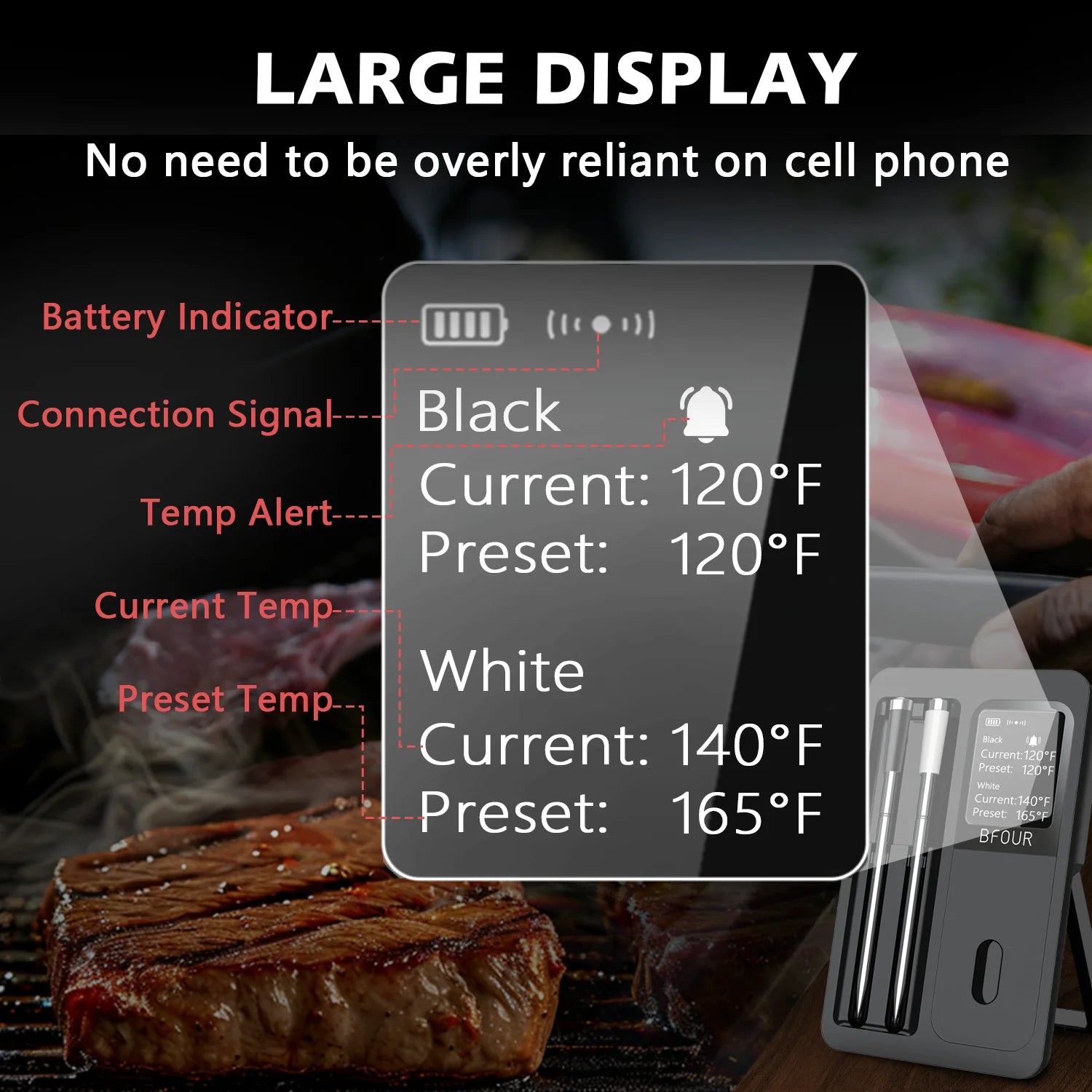Termômetro de carne sem fio Bluetooth IP67 Sondas à prova d'água com impulsionador de tela LCD recarregável para grelhar, fumante, forno para churrasco