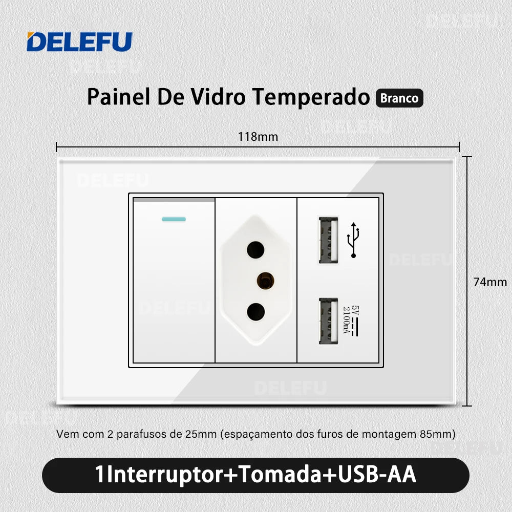 DELEFU 4*2 Vidro Temperado Branco Tomada Padrão Brasil com Dupla USB Tipo C Tomada de Parede Interruptor Inteligente Tuya Wifi 10A 20A