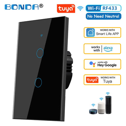 Tuya eua wifi interruptor de parede inteligente rf433 1/2/3 gang sem fio neutro sensor toque led interruptores luz casa inteligente alexa google casa