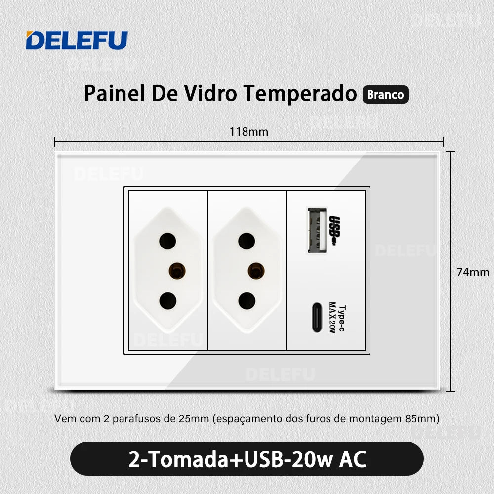 DELEFU 4*2 Vidro Temperado Branco Tomada Padrão Brasil com Dupla USB Tipo C Tomada de Parede Interruptor Inteligente Tuya Wifi 10A 20A