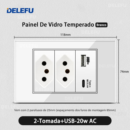 DELEFU 4*2 Vidro Temperado Branco Tomada Padrão Brasil com Dupla USB Tipo C Tomada de Parede Interruptor Inteligente Tuya Wifi 10A 20A