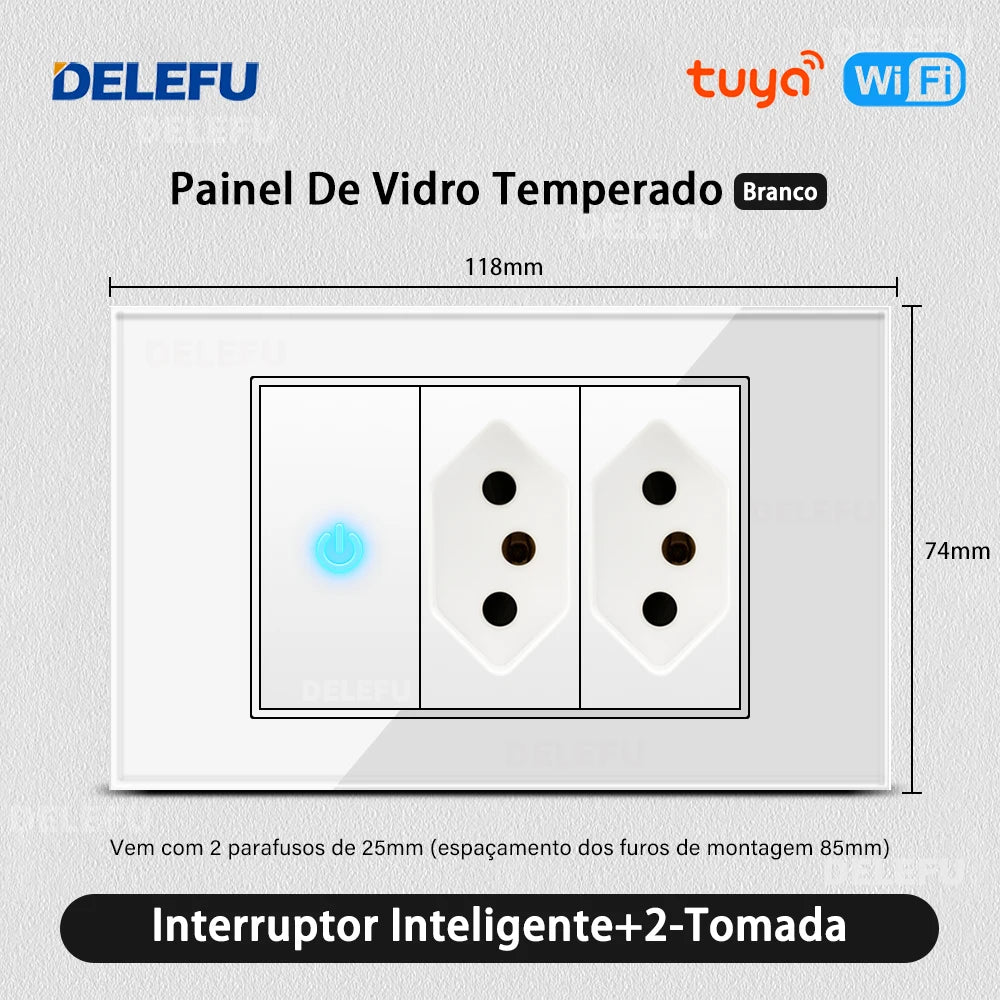 DELEFU 4*2 Vidro Temperado Branco Tomada Padrão Brasil com Dupla USB Tipo C Tomada de Parede Interruptor Inteligente Tuya Wifi 10A 20A